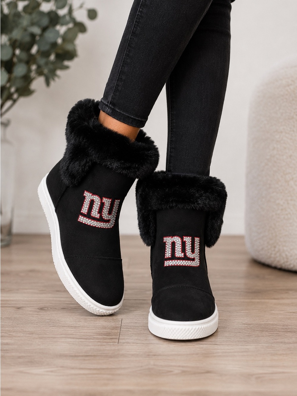 Black Faux-Fur Crystal Logo Winter Ankle Boots
